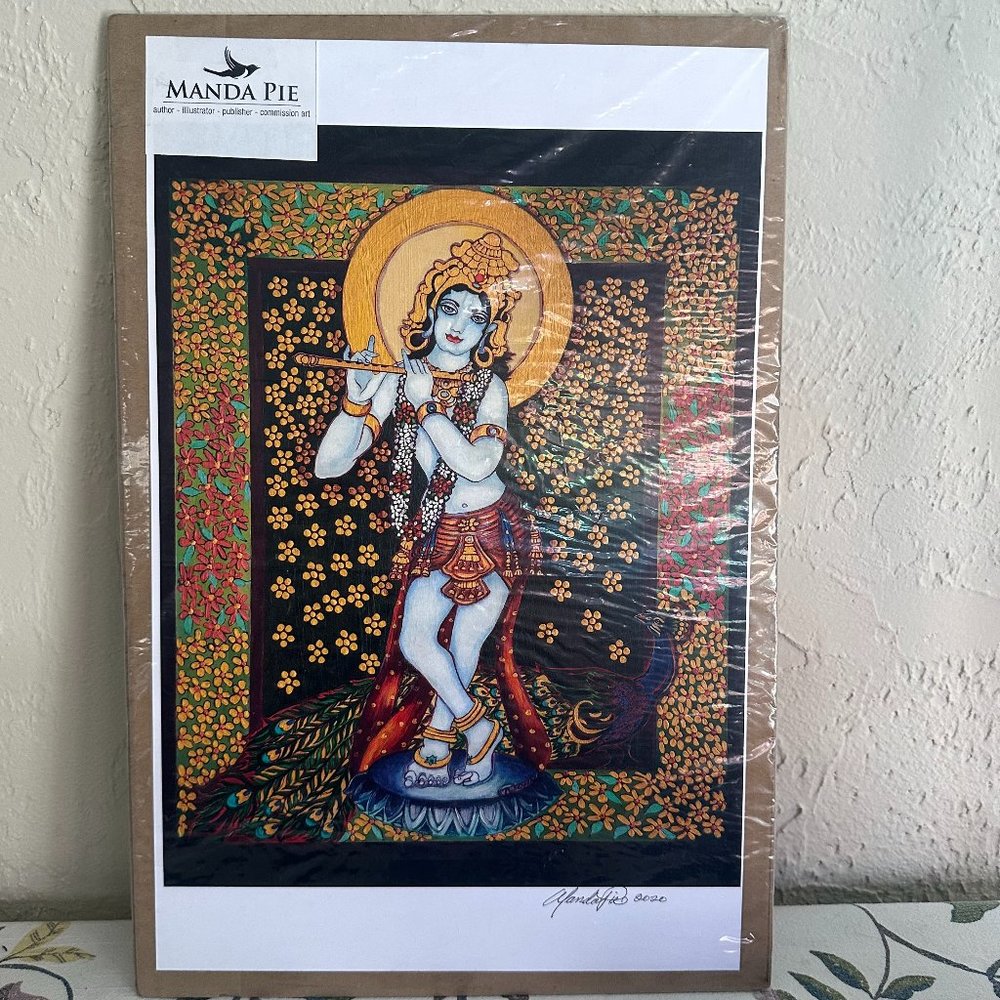 Krishna God Playing Flute Original Rare Art Print Amma